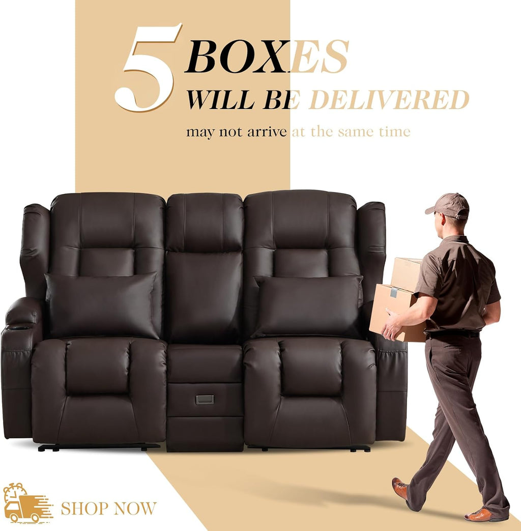 Loveseat Recliner Sofa,RV Wall Hugger Recliners with Flip-up Console,Reclining Loveseat Sofa Recliner with Cup Holders/Lumbar Pillows for Small Spaces,RV Furniture (PU Brown, 68" 2-Seater)