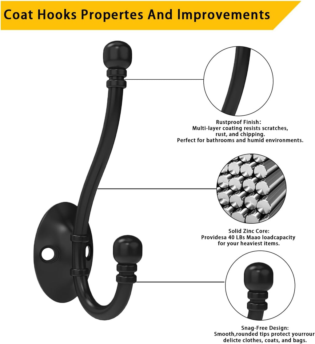2 Pack Heavy Duty Wall Hooks for Hanging, Metal Coat Hooks Wall Mount, Easy to Install, Ideal for Living Room, Bathroom, Kitchen, Bedroom (Black)