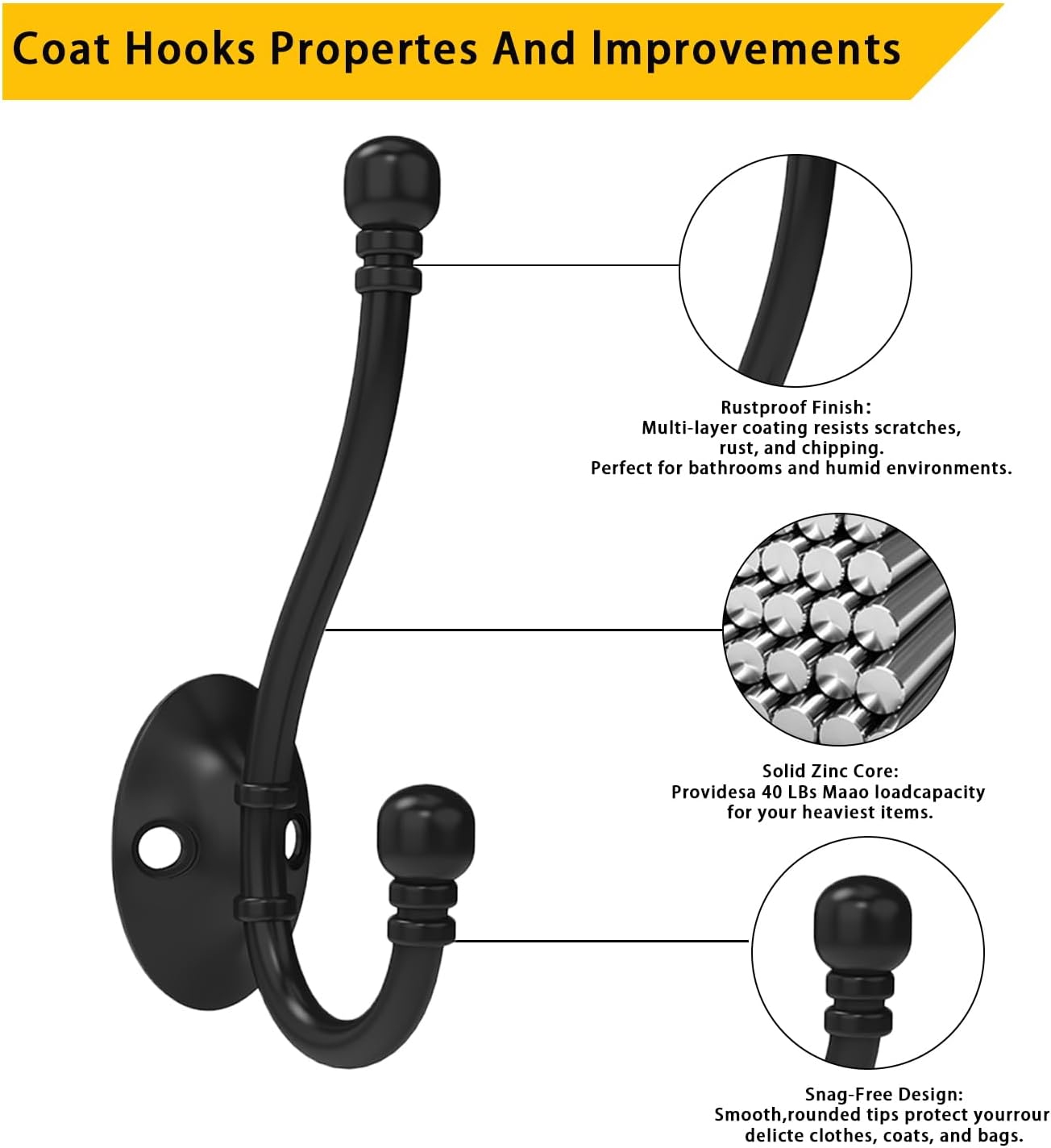 10 Pack Heavy Duty Wall Hooks for Hanging, Metal Coat Hooks Wall Mount, Easy to Install, Ideal for Living Room, Bathroom, Kitchen, Bedroom (Black)