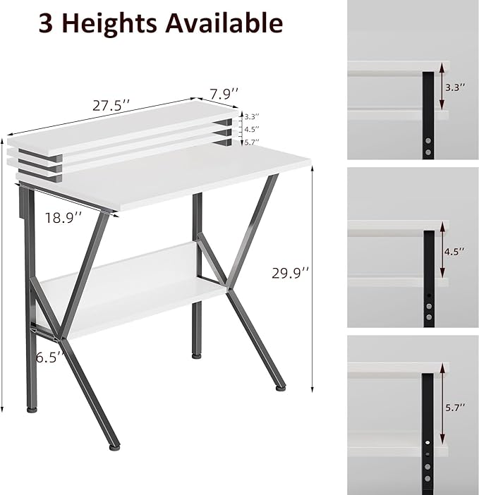 COTUBLR Small Desk, Small Computer Desk for Spaces, 27.5 Inch Computer Desk with Adjustable Monitor Stand, Compact Desk with Storage for Bedroom Home Office, White Tabletop+Black Frame