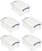 Really Useful Box Stackable 9 Liter Plastic Storage Container Bin with Snap Lid and Built-In Clip Lock Handles for Home & Office Organization (5 Pack)