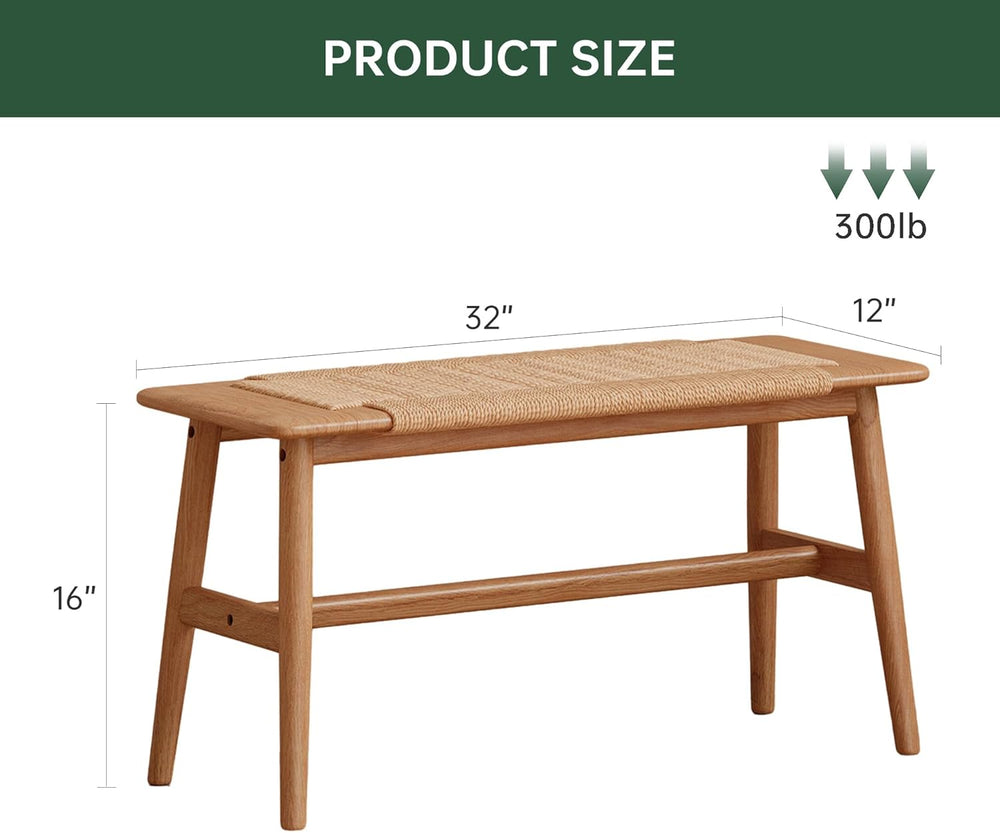 100% Solid Oak Wood Bench,Hand Woven Design,Solid Mortise and Tenon Construct...