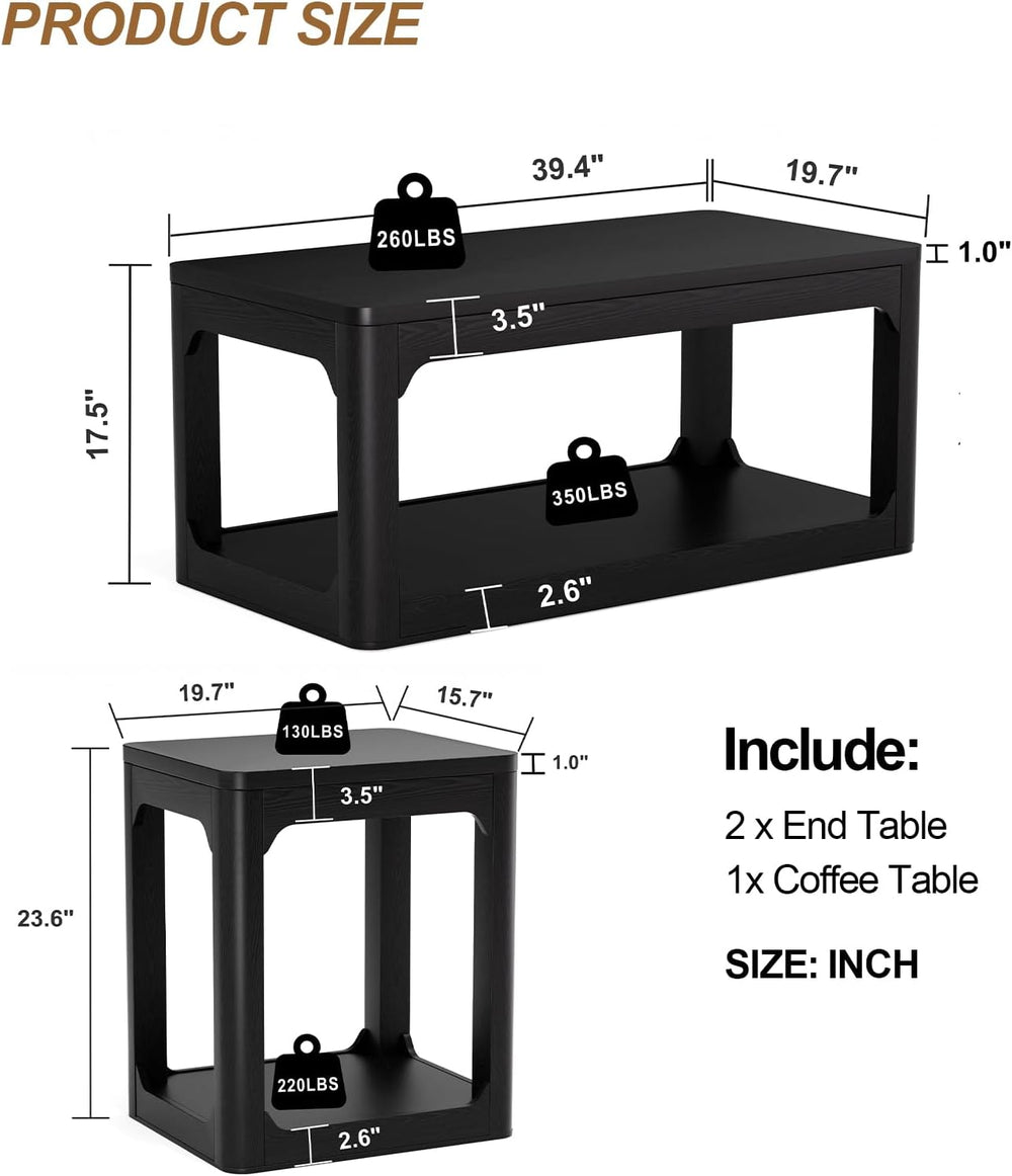 Coffee Table and End Table Sets 3-Piece for Living Room | 2-Tier Storage, Woo...