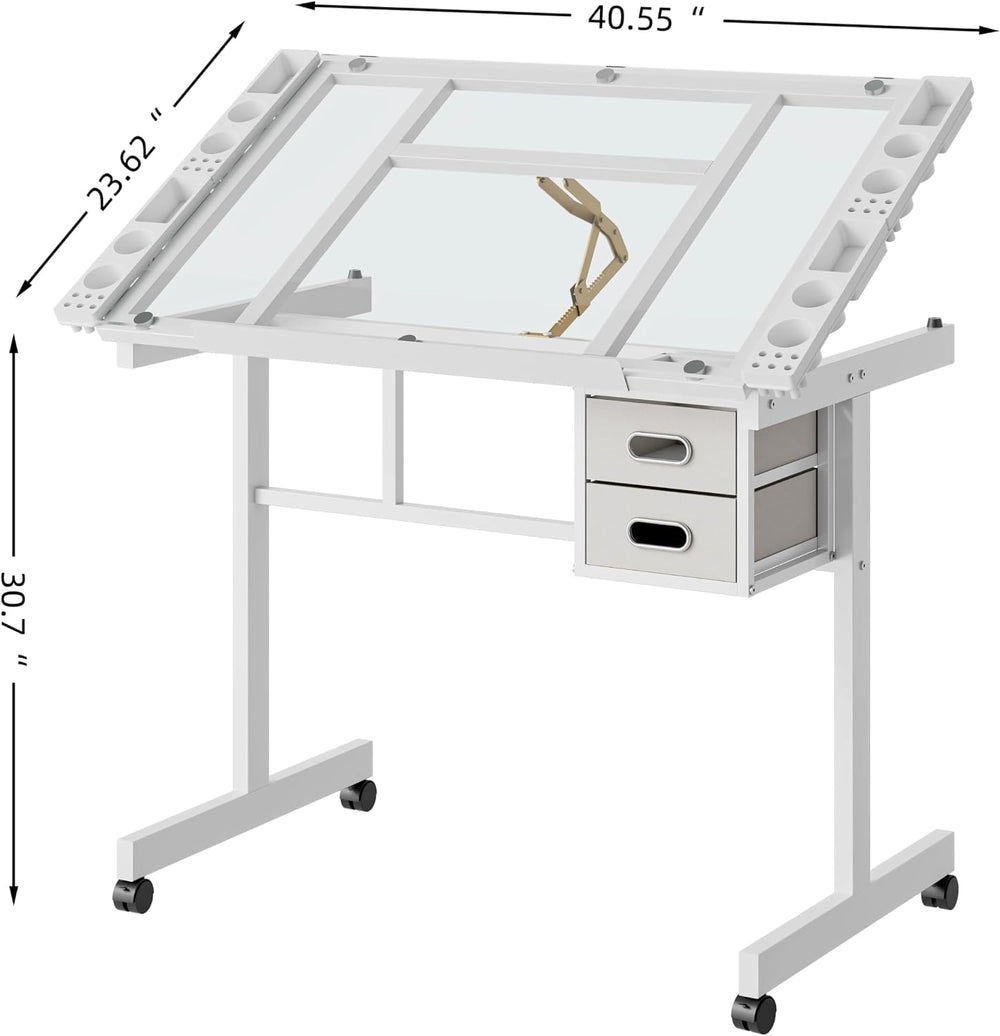 Adjustable Drawing Table for Adults, 0-70° Tilt Glass Top Artist Desk with 2 ...