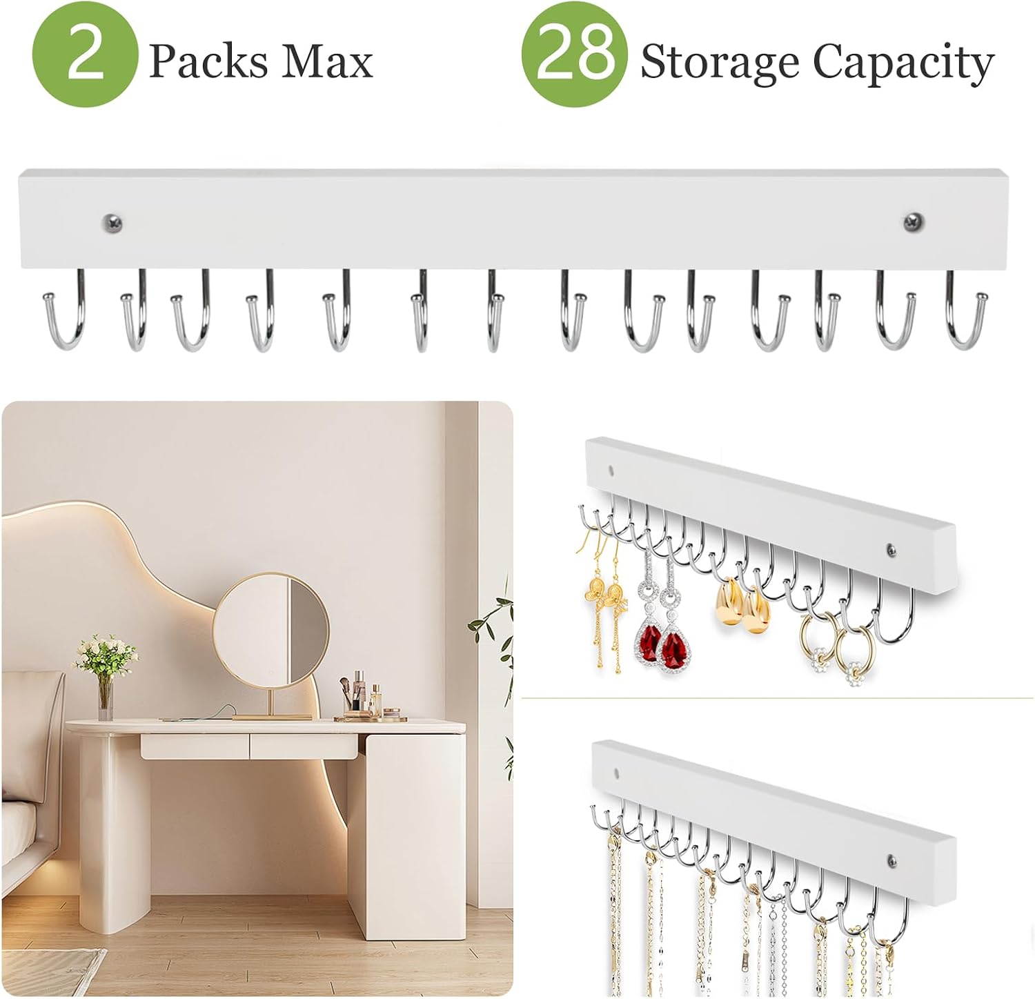 Necklace Holder Wall Mounted Jewelry Organizer - 2 Pack Wooden with 28 Hooks, Hanging Earring & Ring Bracelet Storage, Decorative Space-Saving Jewelry Display (White)