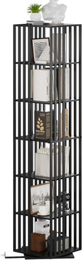 6 Tier Rotating Bookshelf, 360° Spinning Narrow Bookcase Tower, Space Saving Floor Standing Wood Shelf & CD Organizer for Small Spaces, Bedroom, Living Room, Office (Black, 6-Tier)