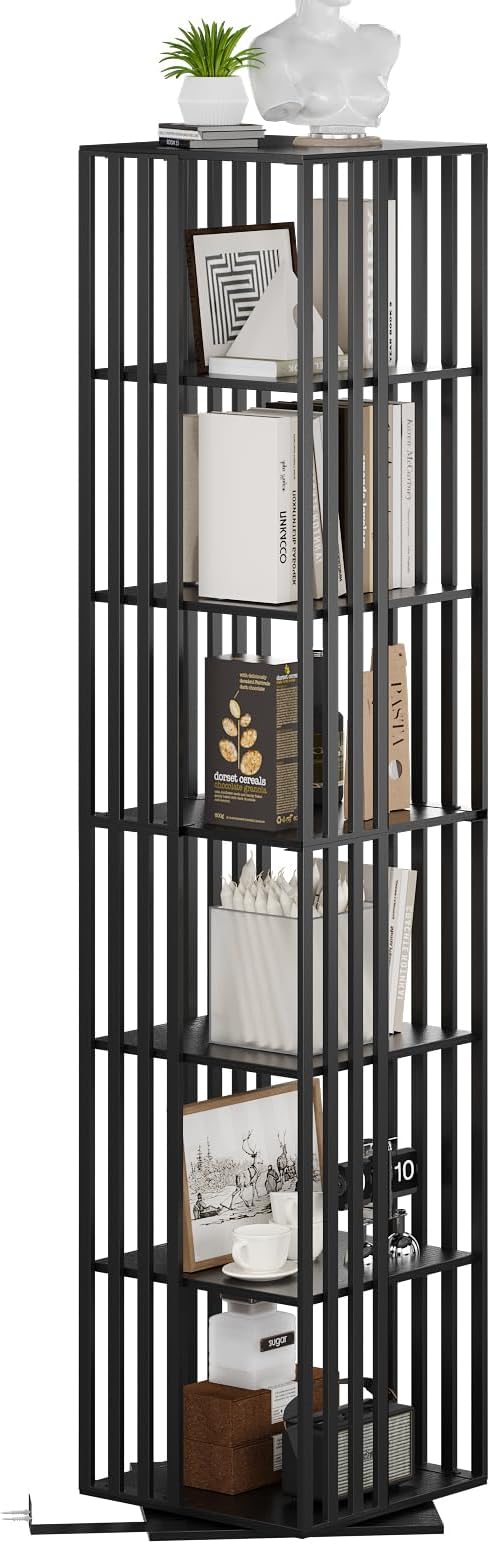 6 Tier Rotating Bookshelf, 360° Spinning Narrow Bookcase Tower, Space Saving Floor Standing Wood Shelf & CD Organizer for Small Spaces, Bedroom, Living Room, Office (Black, 6-Tier)