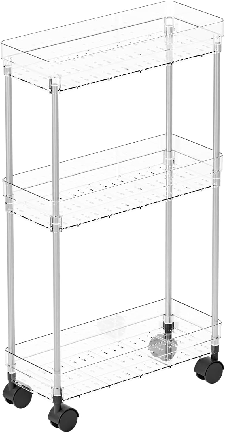 Yieach Clear 3 Tier Slim Rolling Storage Cart with Wheels,6.3″W Thin Shelf,Bathroom Storage Cabinet,Skinny Laundry Cart,Narrow Laundry Room Cart Between Washer and Dryer,Skinny Shelves for Small Space