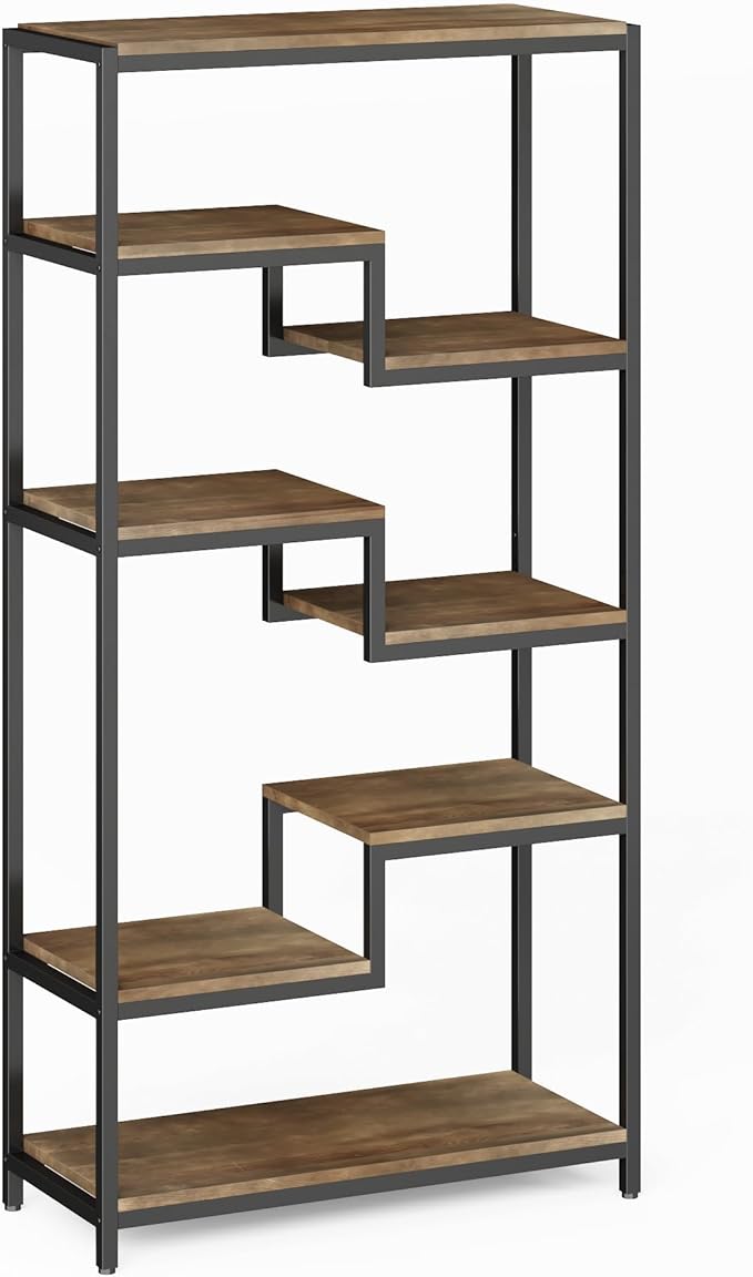 Solid Wood Industrial Tall Bookshelf - 7 Tier Staggered Bookshelves, 55’’H Rustic Brown Vintage Bookcase, Free Standing Open Bookshelf, Shelving Units Organizer for Bedroom Office Living Room.