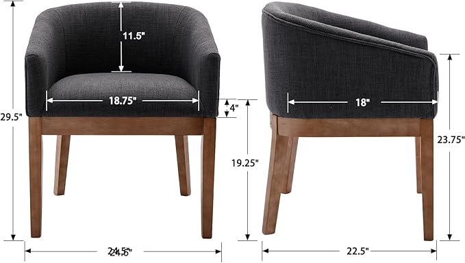 Mid Century Modern Upholstered Barrel Dining Chairs with Arms Set of 2, Farmhouse Linen Kitchen & Dining Room Chairs with Natural Hardwood Frame, 18" W Accent Chairs for Living Room Bedroom, Charcoal