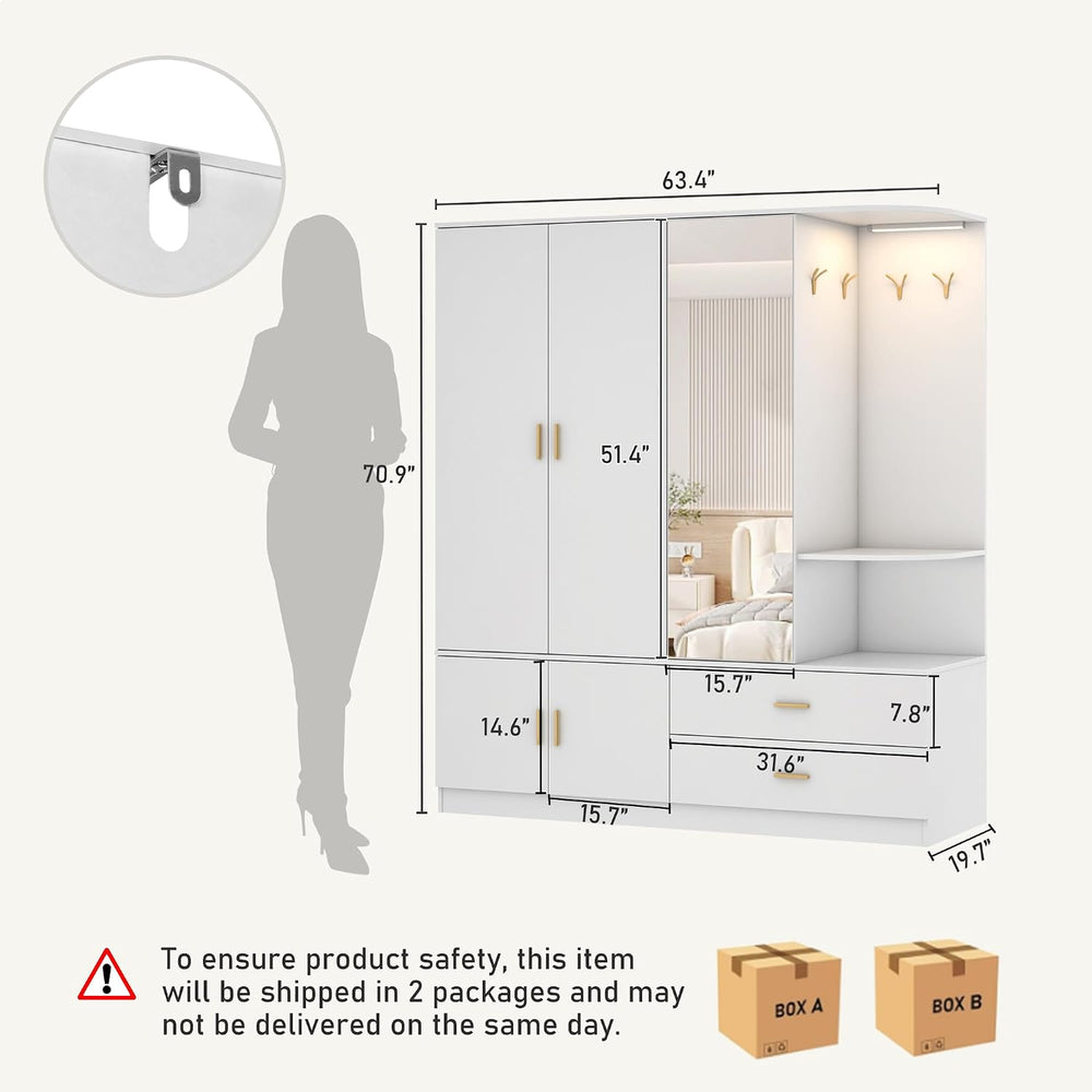 XVD Armoire Wardrobe Closet with Mirror & Sensor Light, Bedroom Armoire w...