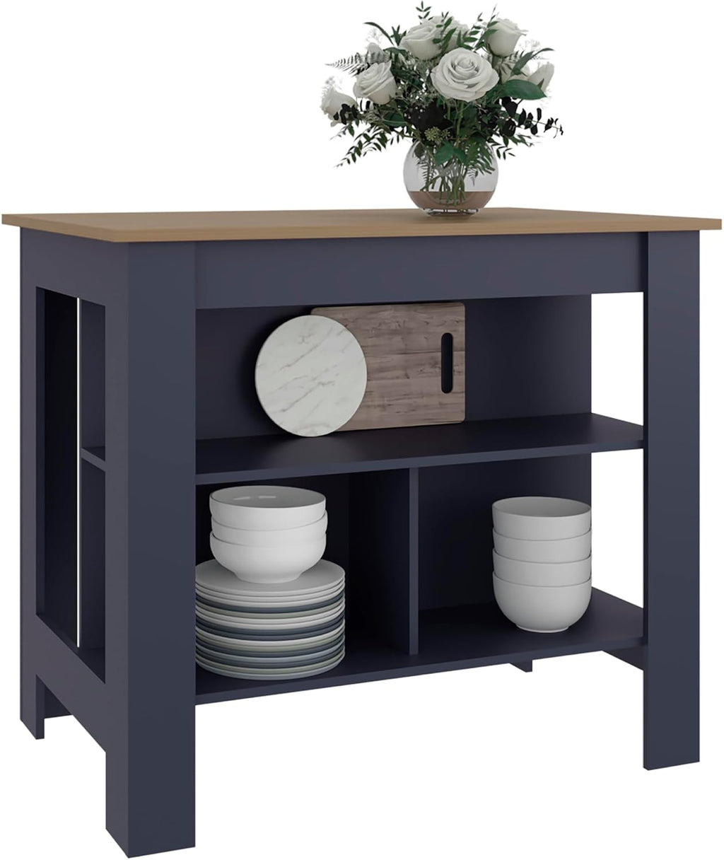 Cala Kitchen Island with Three Open Shelves, Particle Board Meal Prep Organizer with Wide Top Surface, Navy Blue