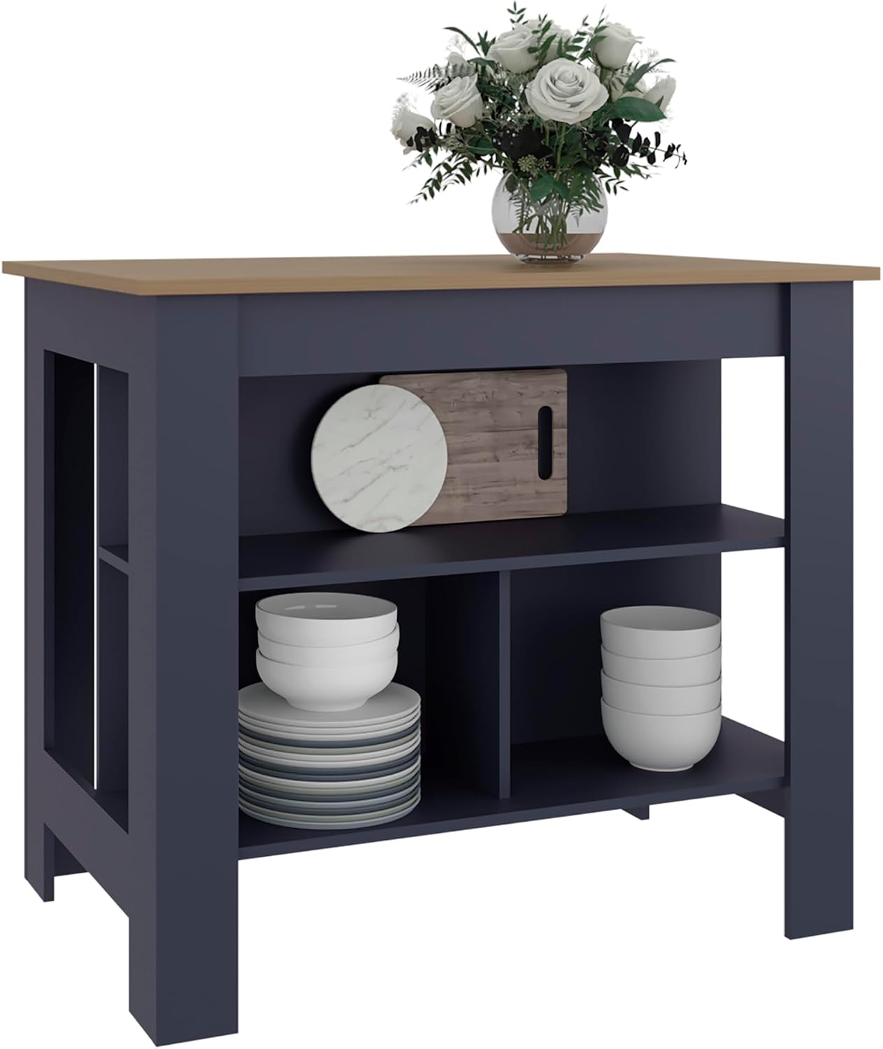 Cala Kitchen Island with Three Open Shelves, Particle Board Meal Prep Organizer with Wide Top Surface, Navy Blue