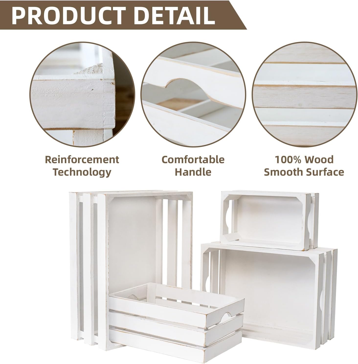 Set of 4 Large Wooden Decorative Storage Crates, Whitewashed Nesting Wooden Crates for Display Rustic, Farmhouse Wood Storage Container Boxes Made from 100% Wood