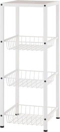 TRINITY 4-Tier Freestanding Metal Shelving Rack with Wire Baskets, Wood Top, and Adjustable Feet, 12"x12"x30", White + Gray-Wash Top