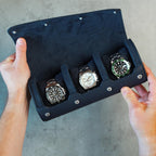 DailyWatch | Personalized Watch Roll Travel Case For 3 Watches - Handmade Genuine Leather Travel Case With Custom Engraving of Name or Initials - Navy Blue Litchi