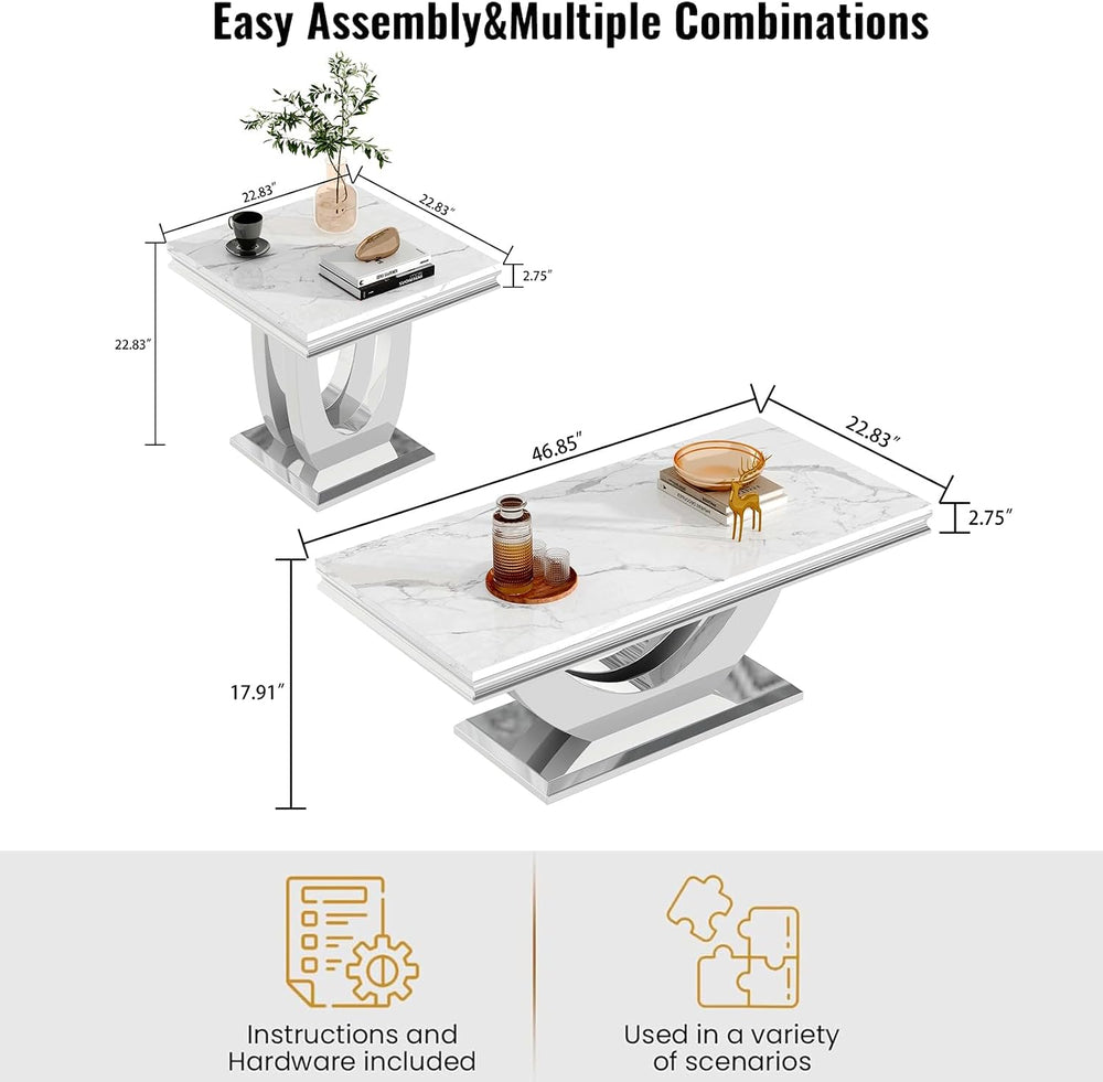 Luxury Living Room Table Set, Faux Marble Top 3-Piece Table Set, Includes Cof...