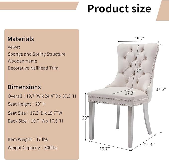 Luxury Upholstered Dining Chairs Set of 4, Beige Kitchen Chair with Silver Metal Legs, Velvet Tufted Back Dining Chair, Sillas de Comedor, Modern Kitchen & Dining Room Chairs (Beige, 4 Pcs)