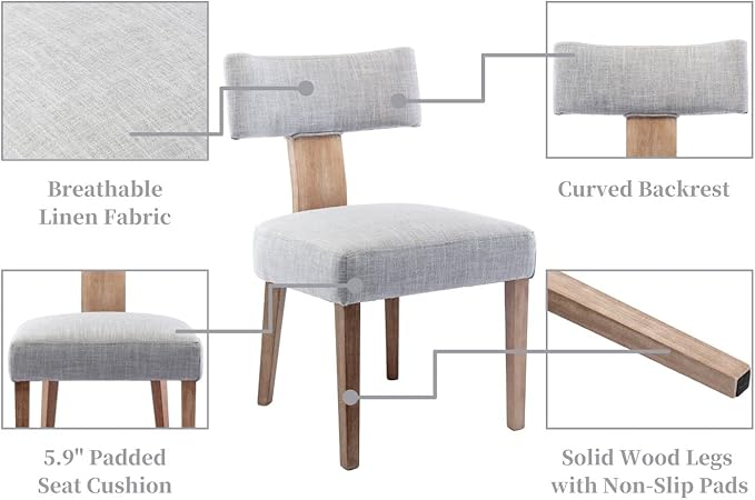 Linen Dining Chairs Set of 2 Modern Dining Chair with Wood Legs, Upholstered Dining Chairs for Dining Room, Kitchen, Vanity, Living Room, Grey