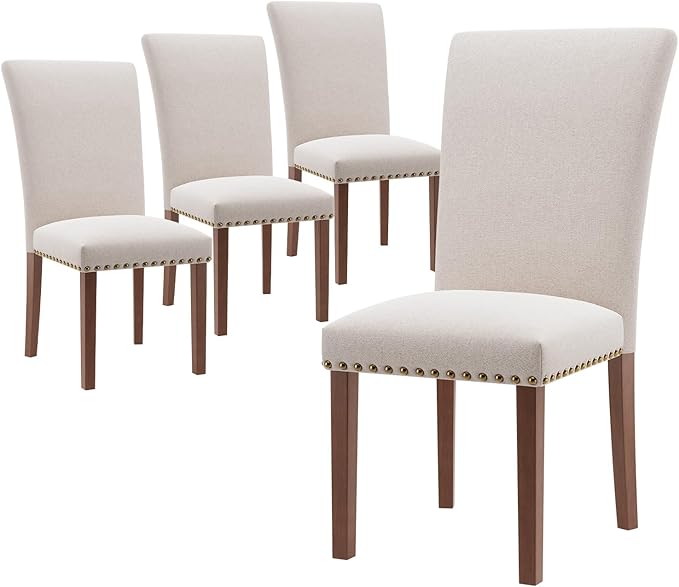 Stylish Dining Chairs Set of 4, Upholstered Parsons Dining Room Chair with Nailhead Trim, Kitchen Room Chair with Thick Cushions and Wood Legs, Nailhead Trim, Beige