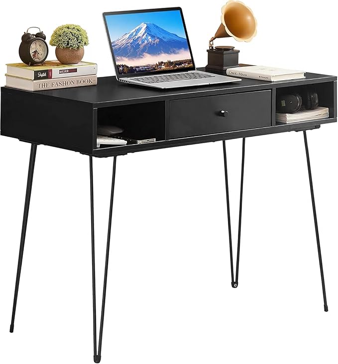 VECELO 39.3" Home Office Work Table with Drawers,Computer Desk with Hairpin Leg for Writing/Study,Classic Black