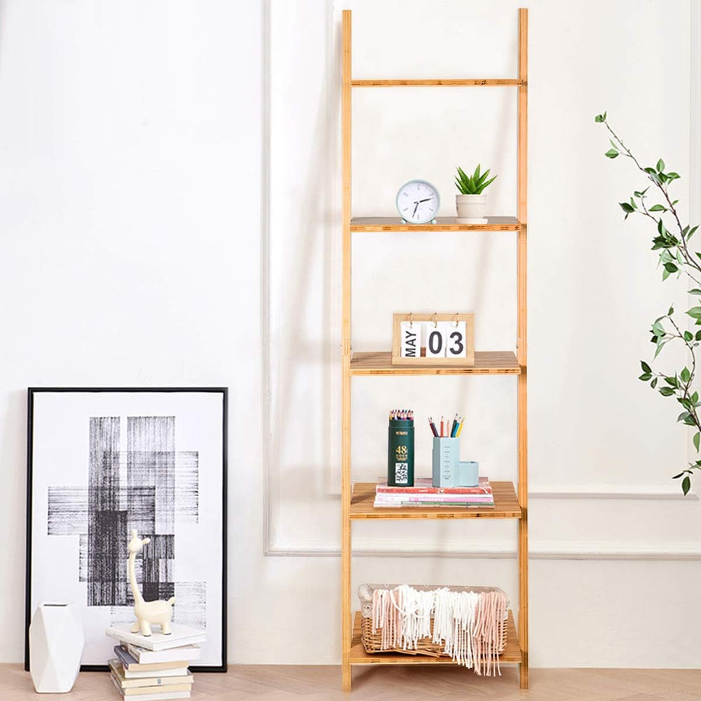 Tangkula Bamboo 5-Tier Ladder Shelf Bookshelf, Wall-Leaning Bookshelf, Plant ...
