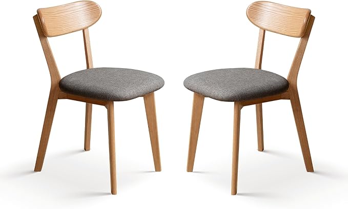 100% Solid Oak Dining Chairs, Mid Century Modern Dining Chair with Curved Backrest, Fabric Upholstered Dining Chairs for Kitchen, Study, Living Room (2, Original Wood-Dark Gray Cushion)