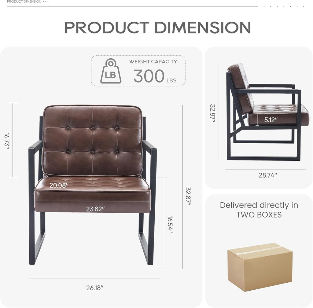 MALOL Mid Century Modern Accent Chair Set of 2, Comfy Living Room Chair, Brown Leather Accent Chair, Faux Leather Reception Armchair with Metal Legs for Living Room Bedroom Reception Office, Brown