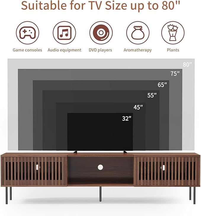 HOMMPA 70 Inch TV Stand for TVs Up to 80'', Mid Century TV Stand with Slatted Door Design, Modern Media Console with Storage Cabinet & Drawer, Entertainment Center for Livingroom, Walnut