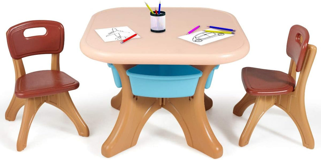 Costzon Kids Table and Chairs, 3 PCS Activity Desk Set w/ 4 Detachable Storage Bins for Indoor Outdoor Play Art Crafts Picnic Patio, Lightweight Toddler Table and Chair Set (Coffee & Blue)