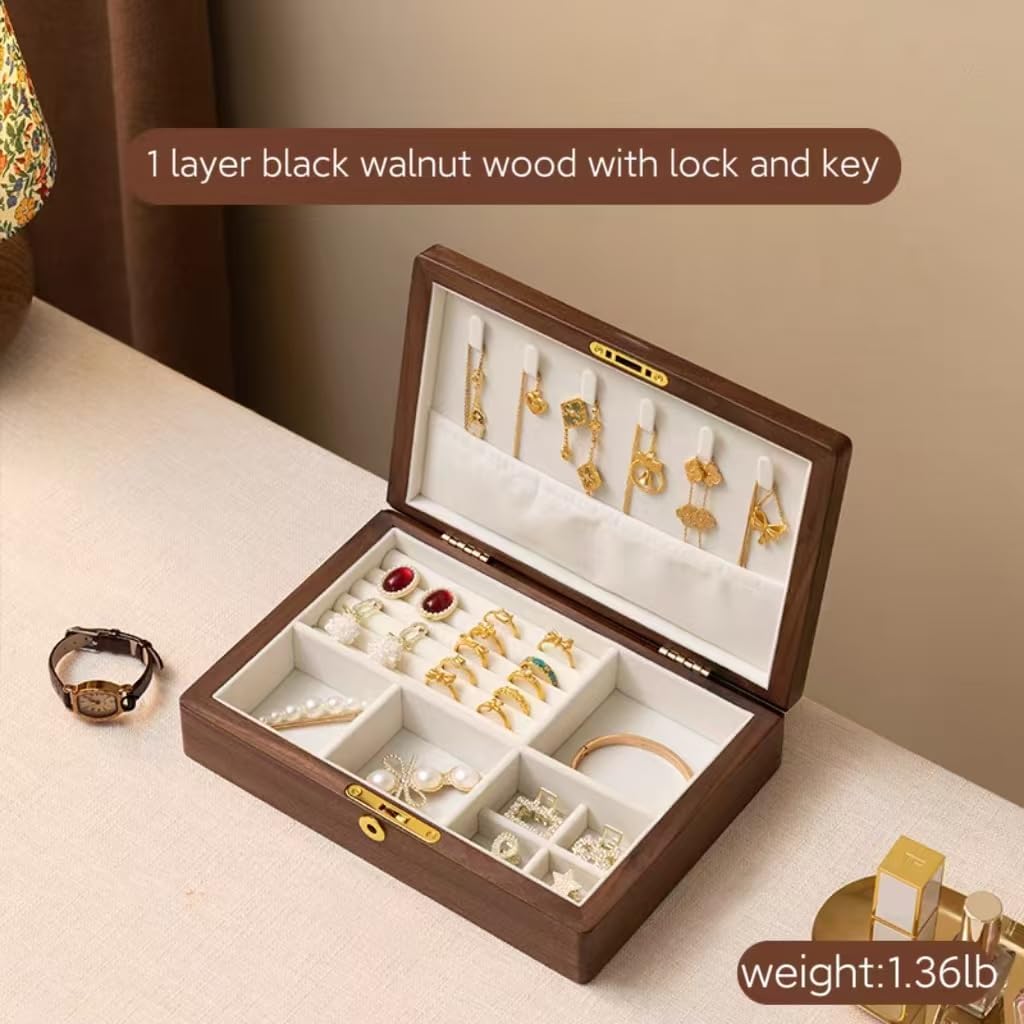 Bescott 2 Layers Solid Black Walnut Wooden Jewelry Box for Women with Lock and Key Wood Vintage Organizer for Men Earrings Rings Necklaces Bracelet Storage Mother's Day Gift