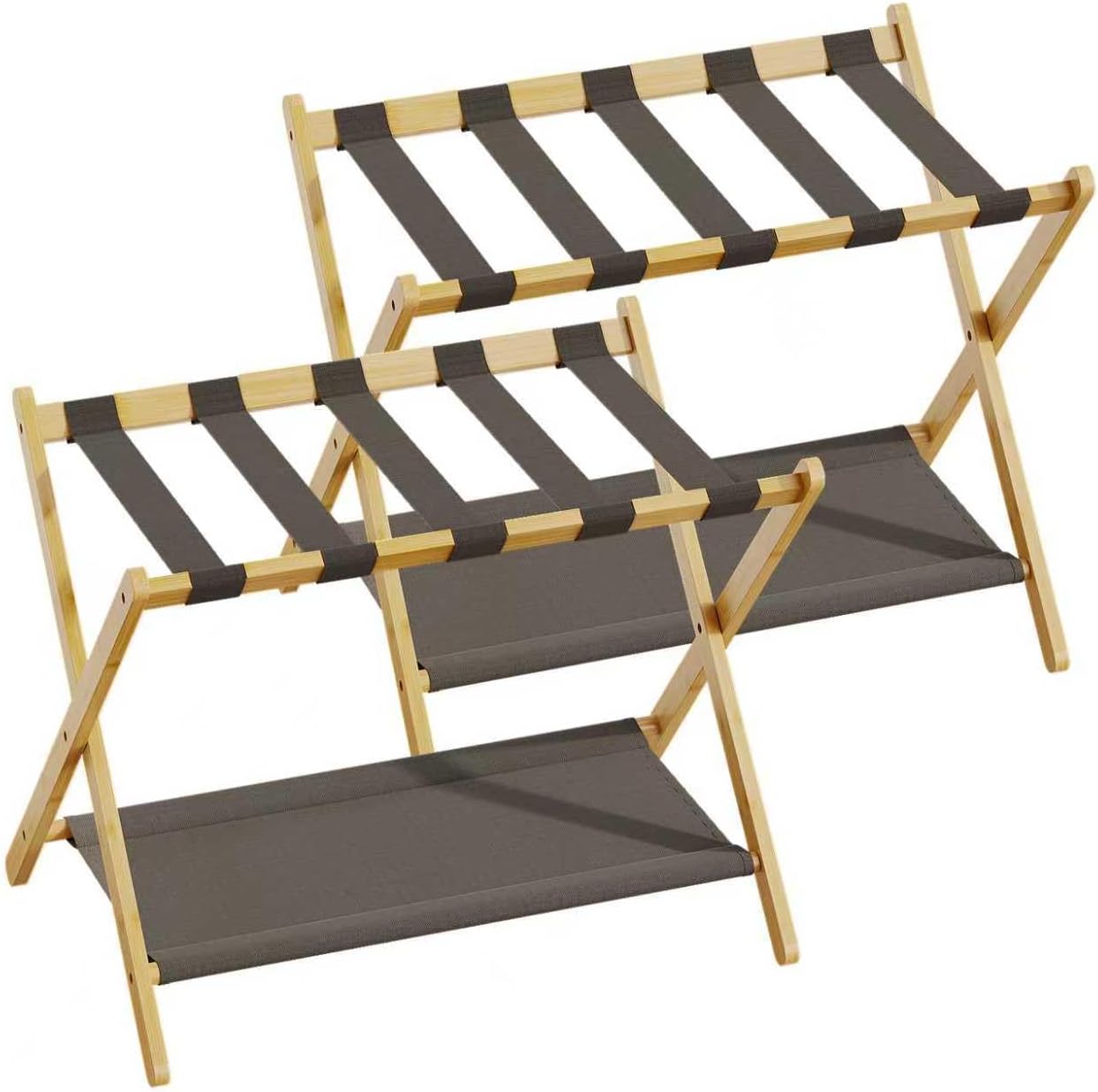BAMBOOHOMIE Bamboo Luggage Rack for Guest Room, 26.77" Folding Wide Suitcase Stand with Fabric Storage Shelf, Thickened Luggage Stand Holder for Bedroom Hotel, Luggage Rack for Suitcases (2 Pack - Natural)