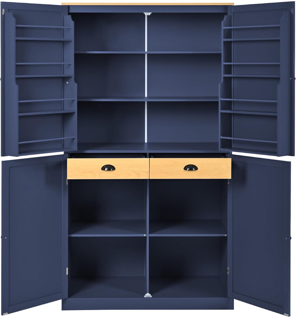 Merax 4 Doors Kitchen Pantry Storage Cabinet with 2 Drawers, 71.3" H Tall Pantry Blue Cupboard Kitchen Hutch with 2 Adjustable Shelves, Floor Spice Cabinet with 8 Door Shelves for Dining Room, Blue