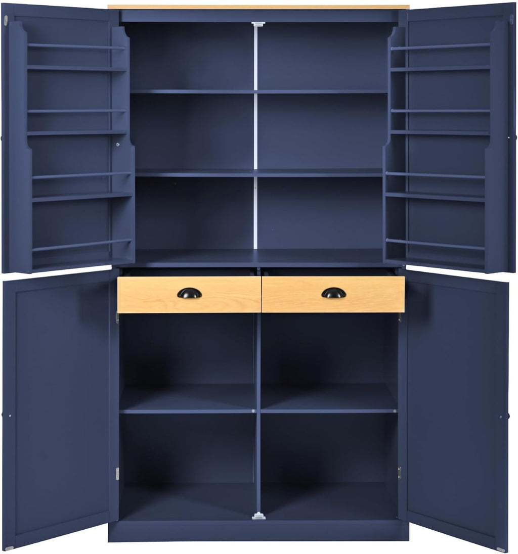 Tall Kitchen Pantry with 2 Drawers, 2 Adjustable Shelves and 8 Door Shelves, Freestanding Large Cupboard Storage Cabinet for Dining Room (Blue)