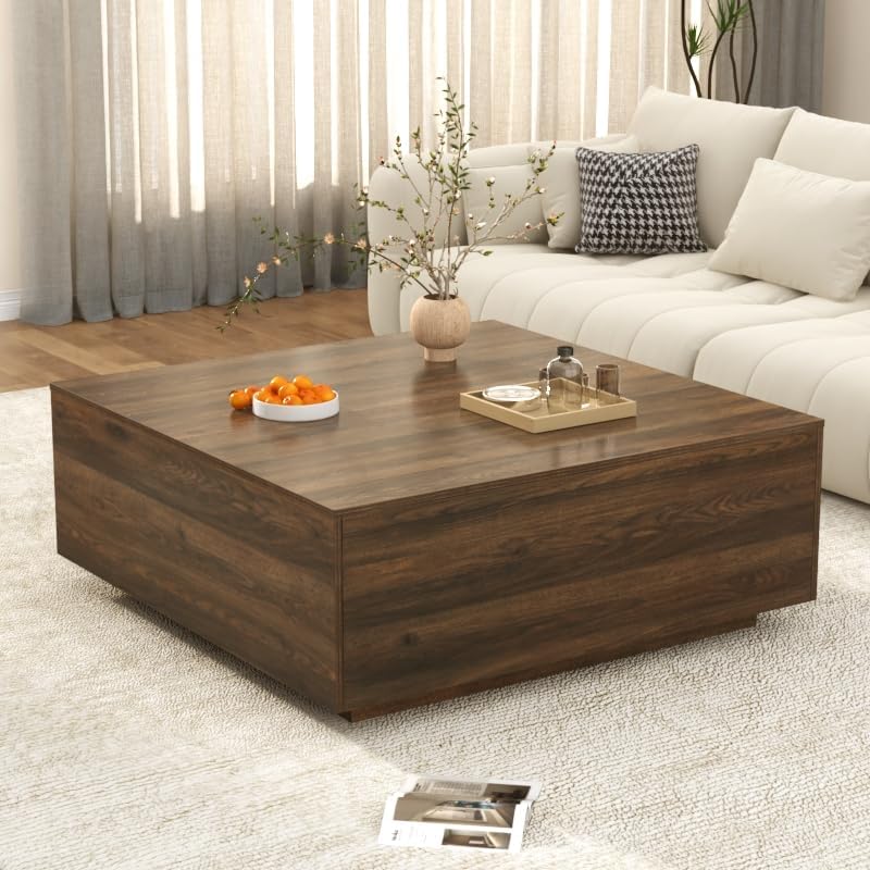 43 Inch Large Square Coffee Table with Storage,Wooden Coffee Table((Walnut)