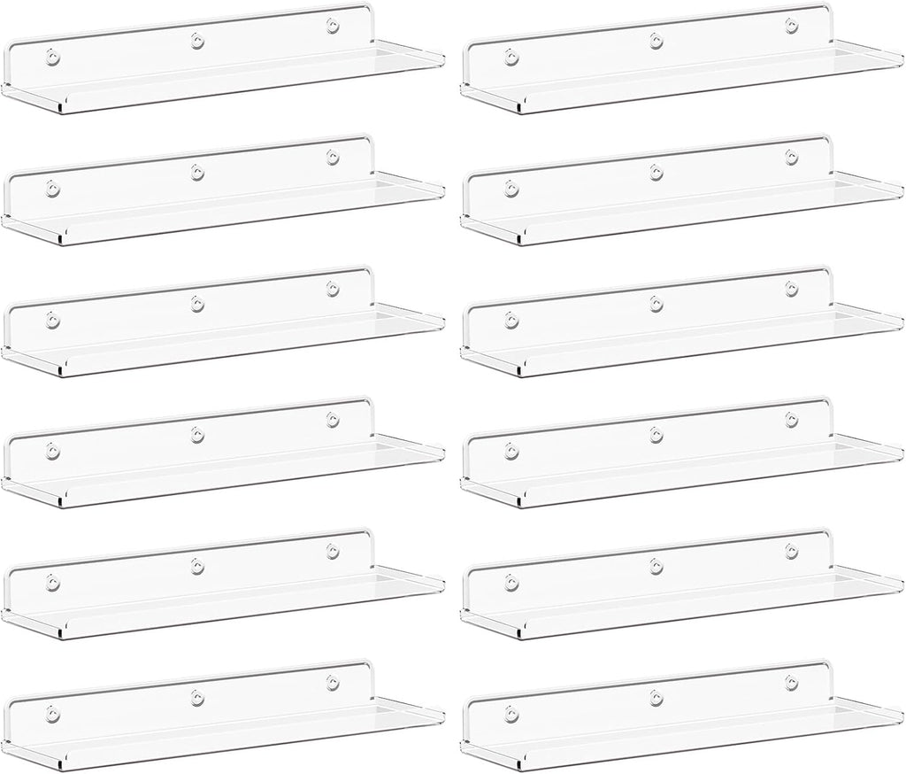 Lifewit Floating Shelves for Wall, 12 Pack Clear Acrylic Shelf 15" Room Decor for Bookcase/Vinyl Record Display/Photo/Picture in Bedroom, Living Room, Bathroom, Kitchen Storage and Organization