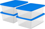 HOMZ 4-Pack Snaplock, Small Clear Plastic Storage Organizer Bins w/Lids, 12 Quart, Blue - Stackable Container Boxes for Bedroom, Bathroom, Garage, and Office Organization