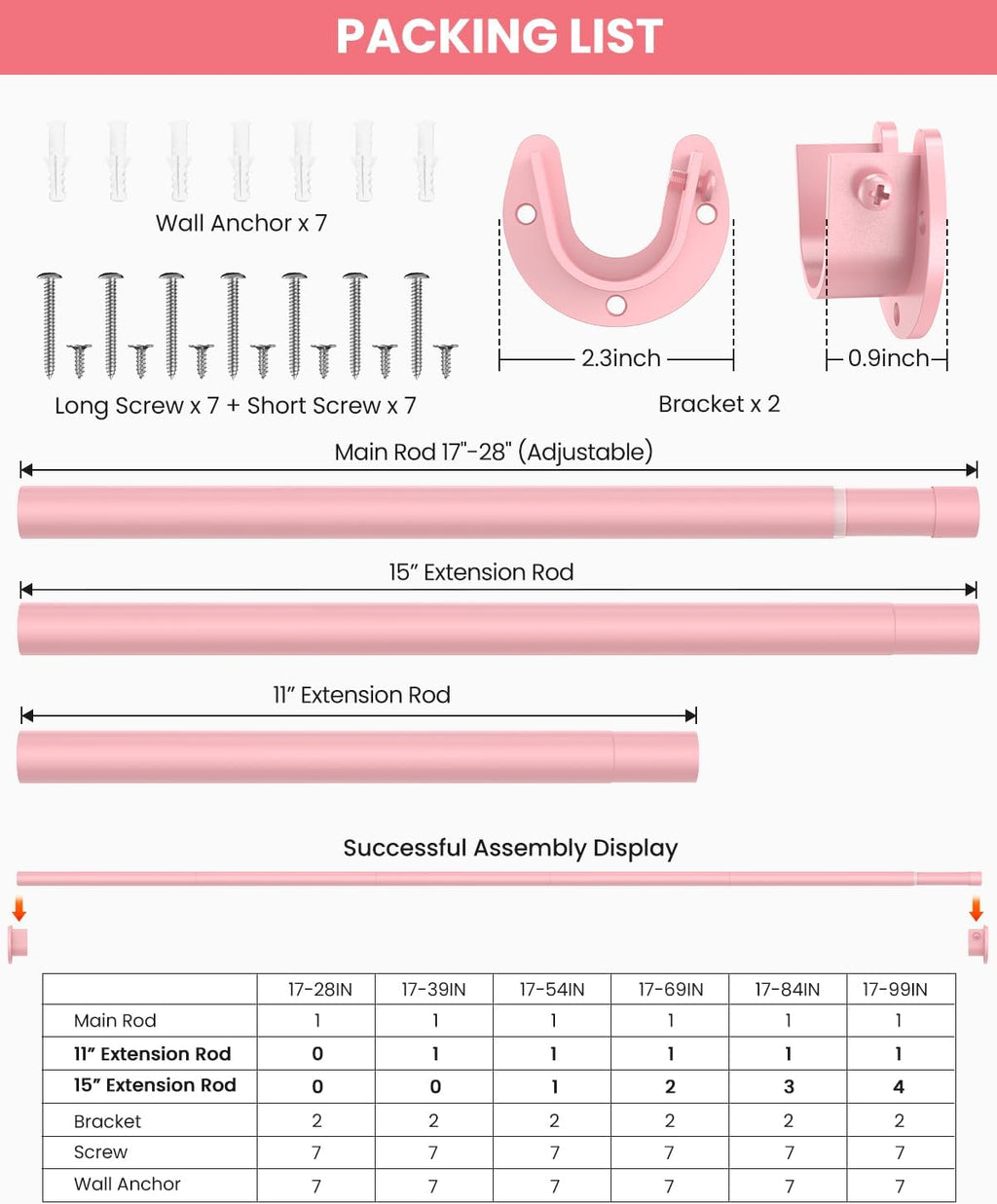 Closet Rods for Hanging Clothes, 17 to 54 Inches Stepless Adjustable Metal Closet Rod, 1.3 Inches Heavy Duty Clothes Hanging Rod for Closet Wardrobes Laundry RV, Pink