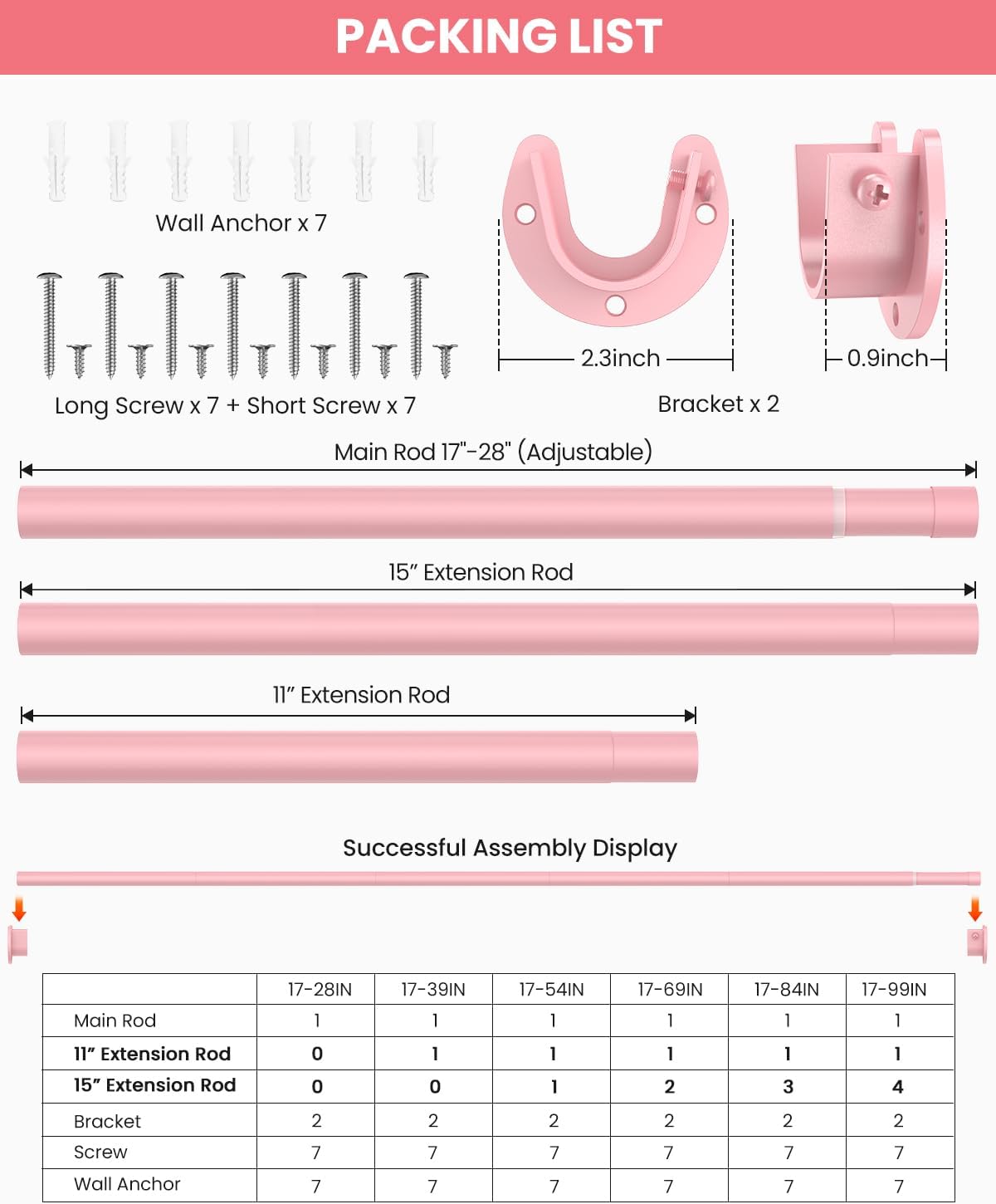 Closet Rods for Hanging Clothes, 17 to 84 Inches Stepless Adjustable Metal Closet Rod, 1.3 Inches Heavy Duty Clothes Hanging Rod for Closet Wardrobes Laundry RV, Pink