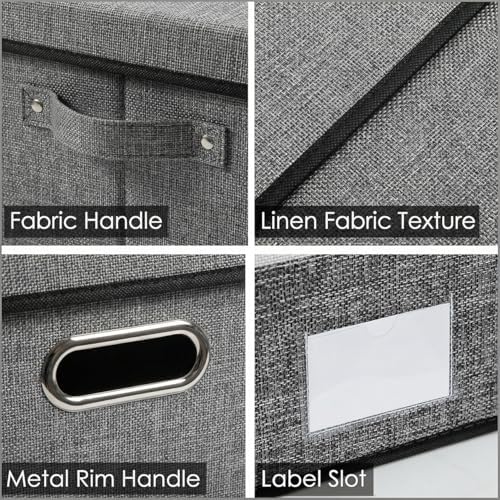 Storage Bins with Lids [3-Pack] Linen Fabric Foldable Storage Boxes Organizer Containers Baskets Cube with Cover for Bedroom Closet Office Grey(23.4X15.9X11.4)