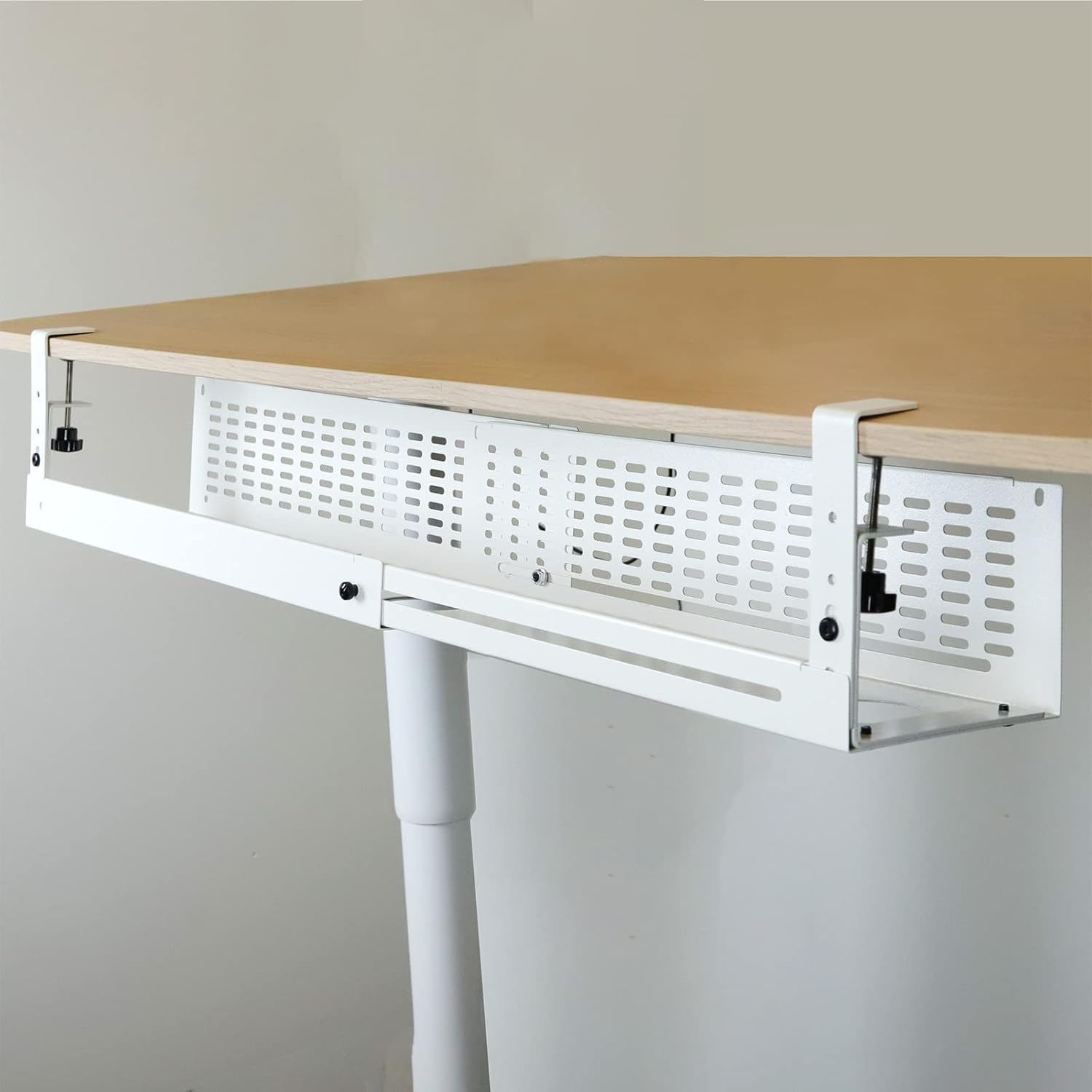 AEONS Under Desk Cable Management Tray Kit - Horizontal Adjustable up tp 41” Desk Organizer Removable C Clamp Mount Reversiable Computer Cord Raceway and Modesty Panel for Large Table, White/Beige