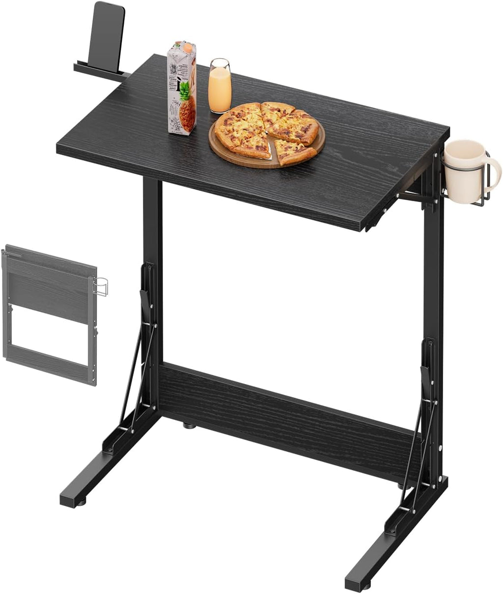 Tatub 24" Folding TV Tray Table, Foldable C Shaped End Table for Couch, TV Dinner Tray with Cup Holder, Small Sofa-Side Laptop Desk for Living Room Bedroom, Black