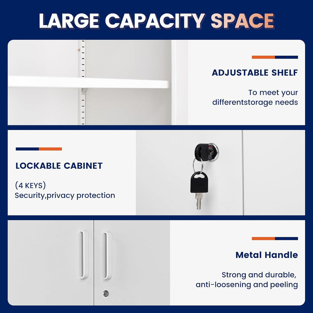 Yizosh Metal Storage Locking Cabinet with 4 Doors and 2 Adjustable Shelves,71" Lockable Garage Tall Steel Cabinet,for Home Office,Living Room,Pantry,Gym,Commercial Storage (White)
