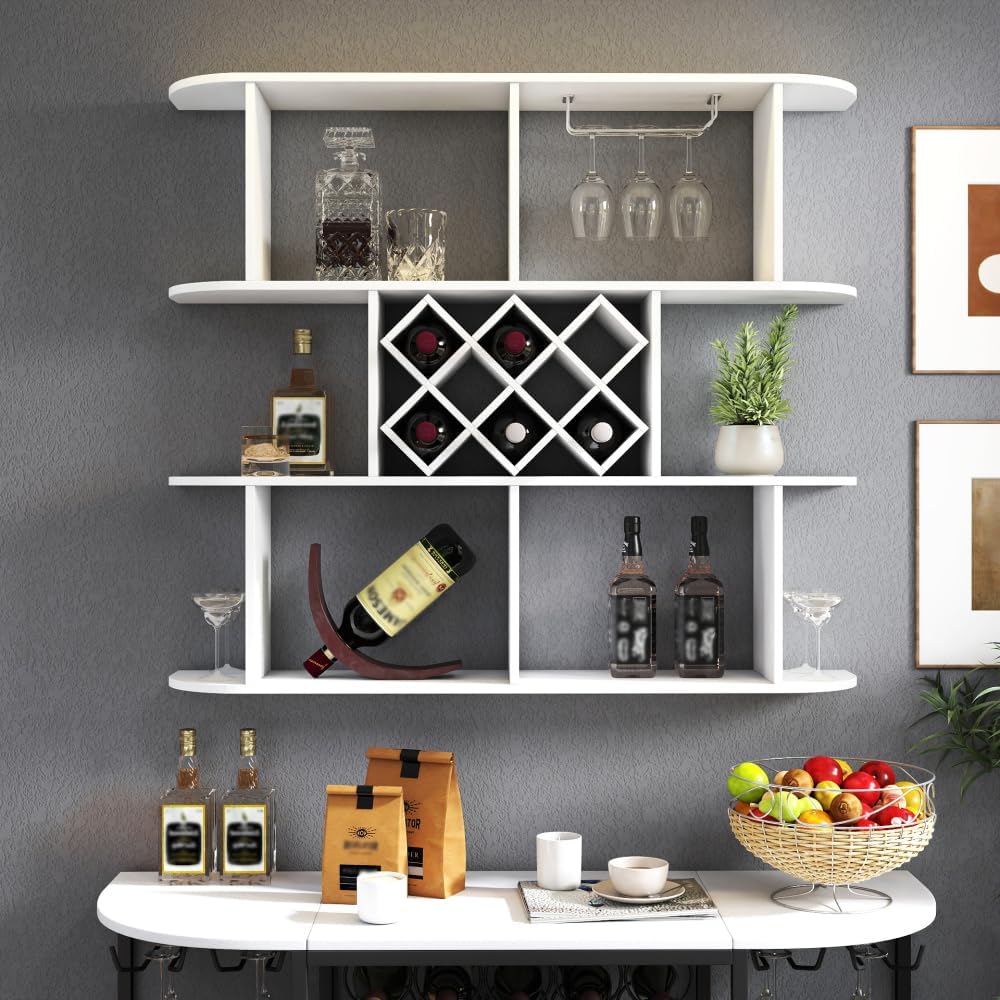 Rustic Large Wall Mounted 3-Tier Wine Rack with Wine Glass Holder, Multifunct...
