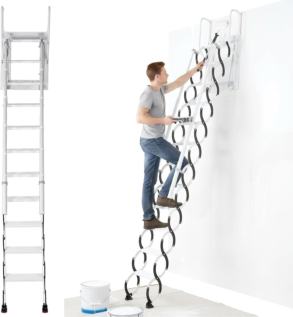 11 Steps Ceiling Mount Attic Staircase with Handrails, Foldable Loft | Includes 11-step wall-mounted attic stairs with handrails for home or garage. Space-saving foldable design, high stability,