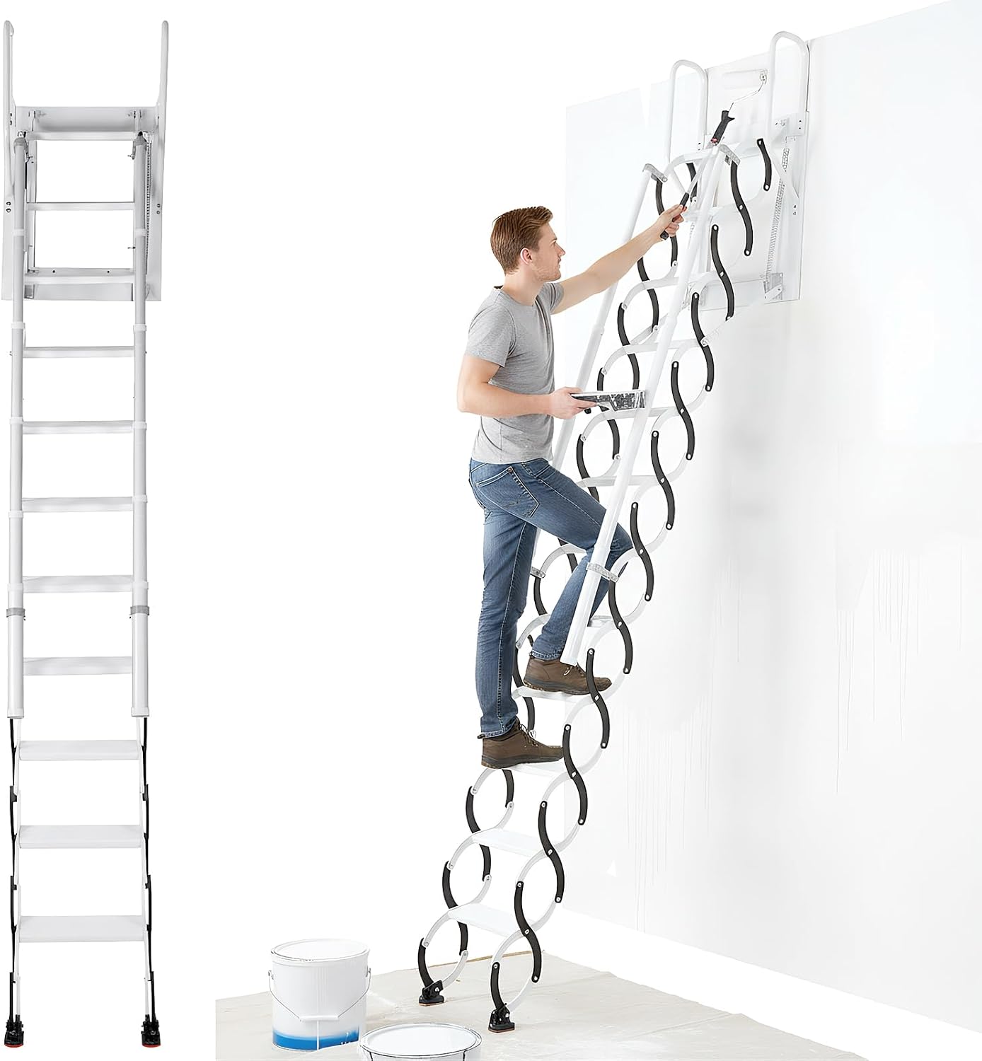 11 Steps Ceiling Mount Attic Staircase with Handrails, Foldable Loft | Includes 11-step wall-mounted attic stairs with handrails for home or garage. Space-saving foldable design, high stability,