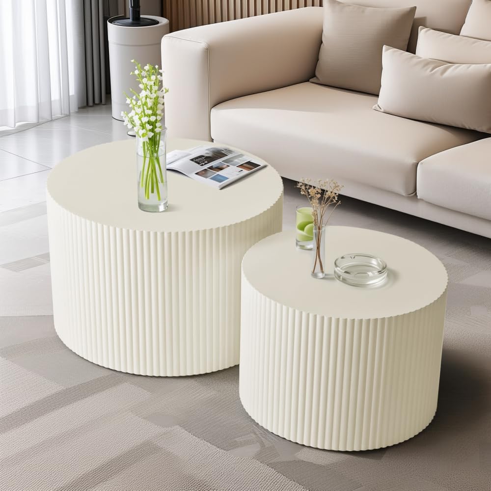 Coffee Table Set of 2, Black MDF Nesting Tables with Wave Stripe Design | Spa...