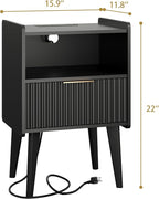 Fluted Nightstand with Charging Station, Modern Bedside Table with Drawer,Black Nightstand with Solid Wood Legs, End Table,Side Table for Living Room,Bedroom Black CTG57BKE