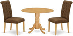 East West Furniture DLBR3-OAK-18 3 Piece Kitchen Table & Chairs Set Contains a Round Dining Table with Dropleaf and 2 Brown Linen Linen Fabric Upholstered Chairs, 42x42 Inch, Oak