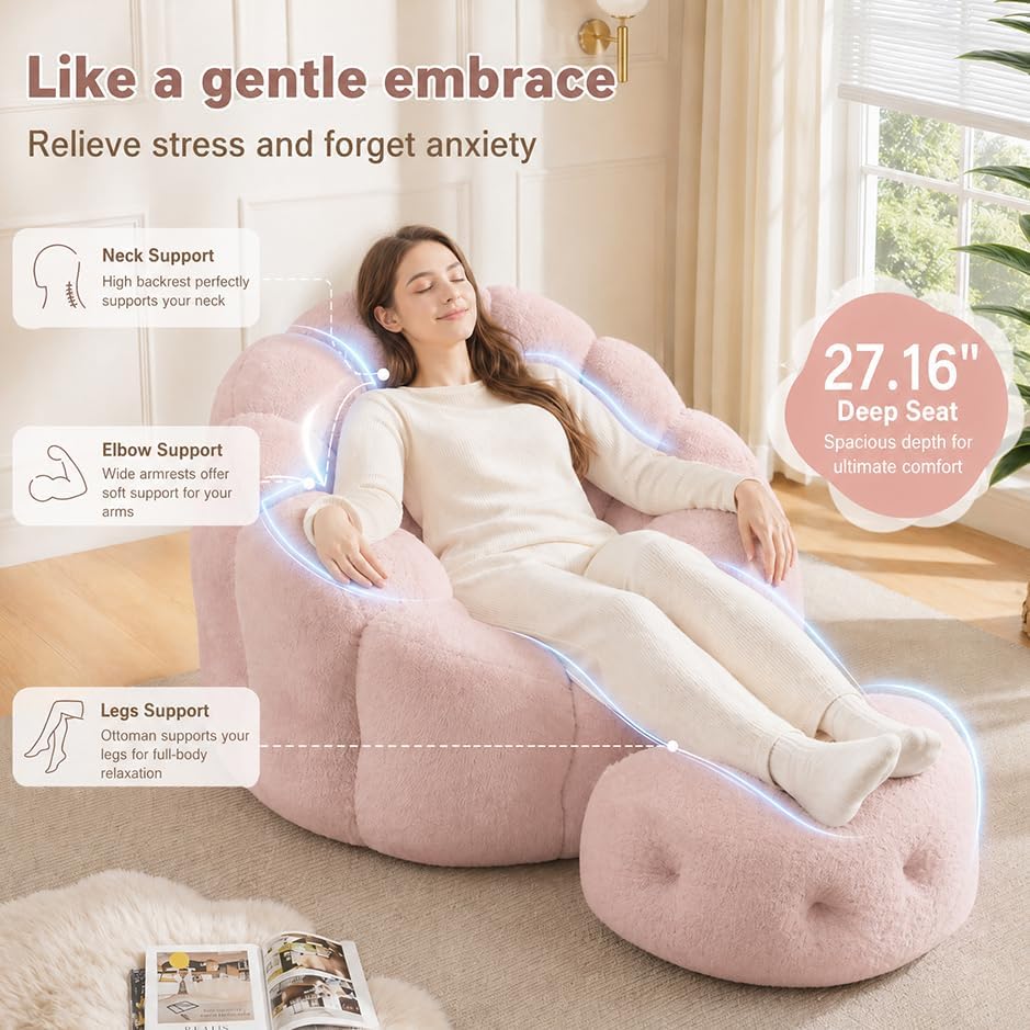Pink Flower Bean Bag Chair with Ottoman, Fuax Fur Comfy Reading Chair for Bedroom, Fluffy Plush Floor Lazy Sofa for Living Room, Reading Nook